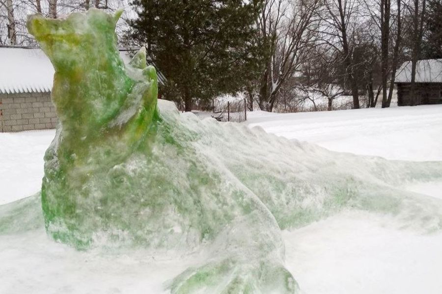 Житель деревни Обыково слепил из снега Зеленого дракона
