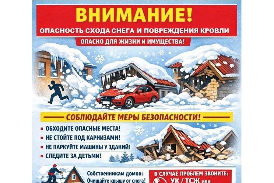 ВНИМАНИЕ! ОПАСНОСТЬ СХОДА СНЕГА И ПОВРЕЖДЕНИЯ КРОВЛИ!
