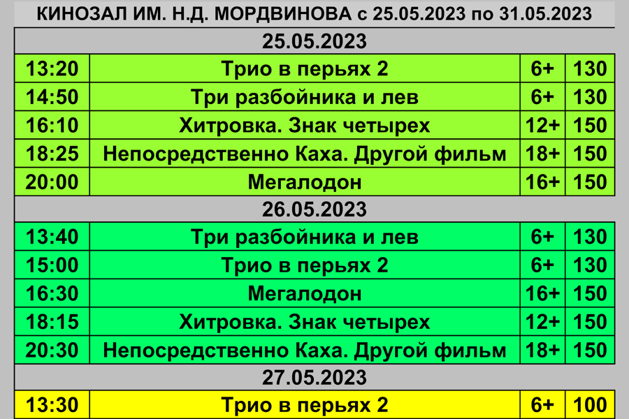 Расписание Кинозала им. Н.Д. Мордвинова с 25 по 31 мая
