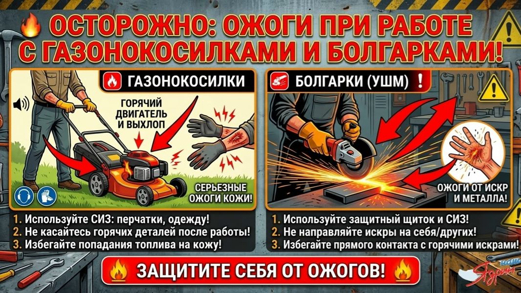 Осторожно: Ожоги при работе с газонокосилками и болгарками!