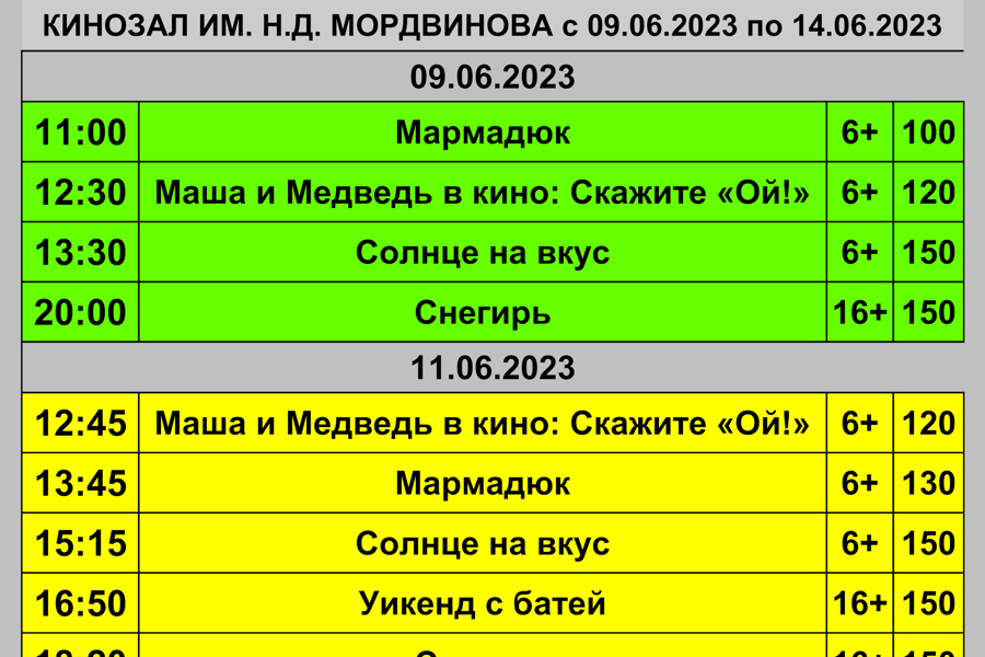 Расписание Кинозала им. Н. Д. Мордвинова со 9 по 14 июня