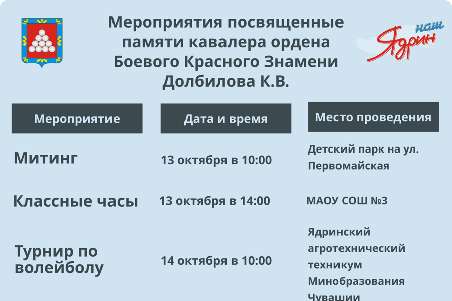 Завтра и послезавтра пройдут Мероприятия посвященные памяти кавалера ордена Боевого Красного Знамени Долбилова К.В.