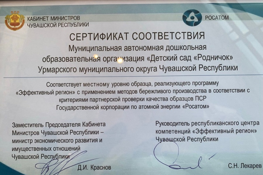 МАДОО «Детский сад «Родничок» получил Сертификат соответствия образца «Эффективный регион» муниципального уровня